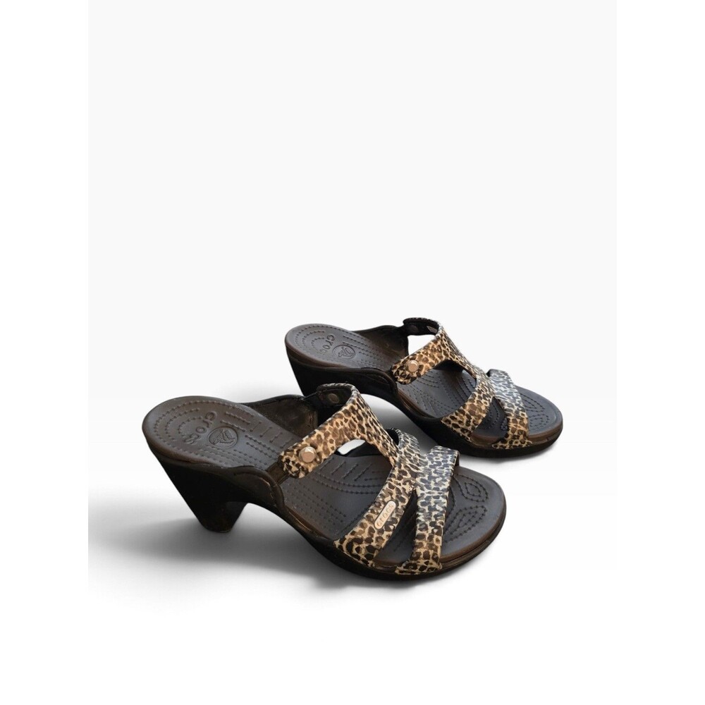 Crocs Cyprus V Leopard Print Slip On Heels Sandals Chunky Women's US 9